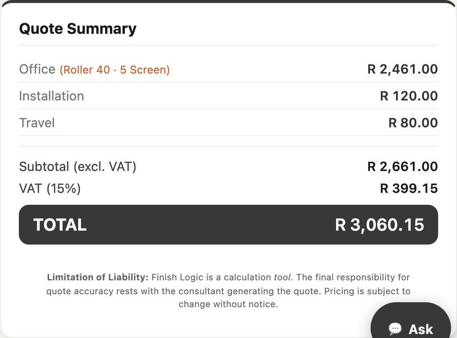 Finish Logic quote summary: itemised blind, installation, travel, VAT and total