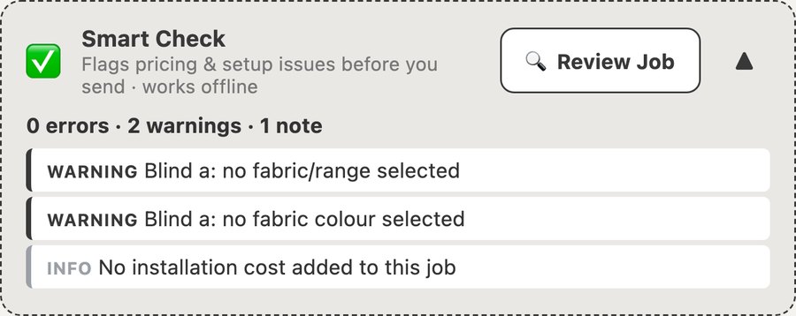 Finish Logic Smart Check flagging two warnings and one note before a quote is sent